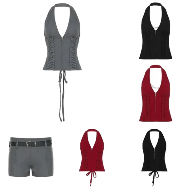 A halter-neck deep-collared vest